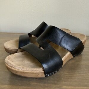 Dansko Womens 41 Black Leather Lacee Slip On Wedge Comfort Sandals Shoes